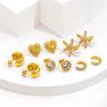 JUSNOVA Women's Trendy 18K Gold Stainless Steel Watchband Chain Earrings Irregular Texture Flower Stud Zircon Stone Wholesale
