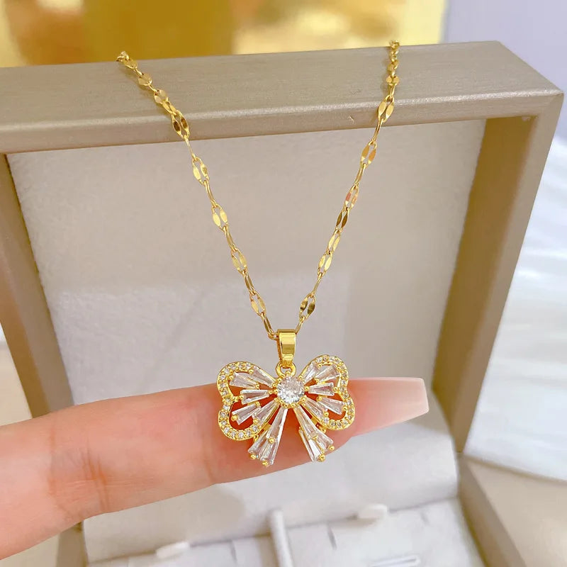Bling Gold Plated Hollow Butterfly Pendant Necklace Micro Inlaid Shiny Cubic Zircon CZ Big Butterfly Choker Necklace for Women