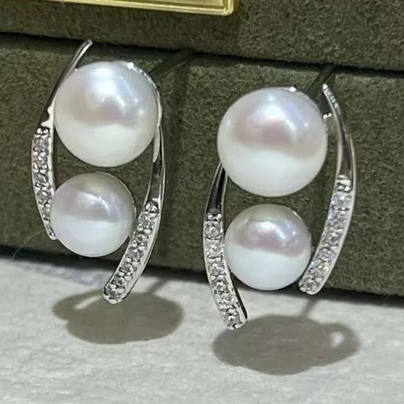 Silver Stud Earrings Hypoallergenic Willow Leaf Double Bead AAAA Platinum Plated White Freshwater Pearl Cute Women's Earrings
