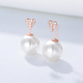 Trendy Girl Party 925 Sterling Silver 14k Gold Plated Zircon Stone Split Two-tone Plating Heart Pearl Earrings