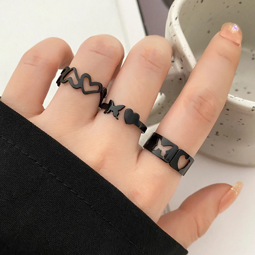 VKME Fashion Black Color Butterfly  Heart Chain Rings Set for Women Men Punk Simple Wide Chain Rings 2022 Trend Jewelry