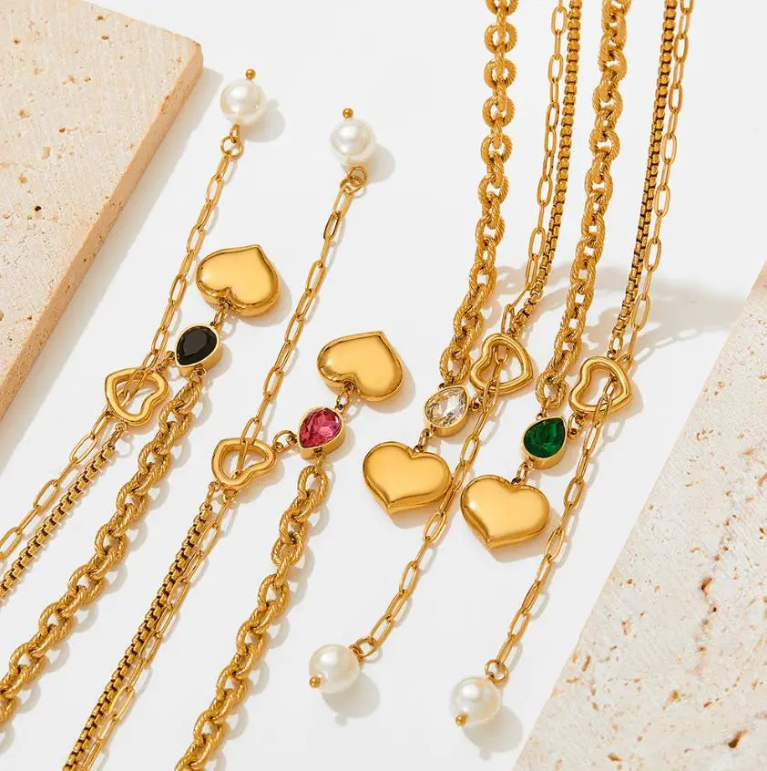 Fashion Jewelry Necklace Waterproof 18k Gold Plated Love Heart Water Drop Zircon Pendant Stainless Steel Sweater Chain