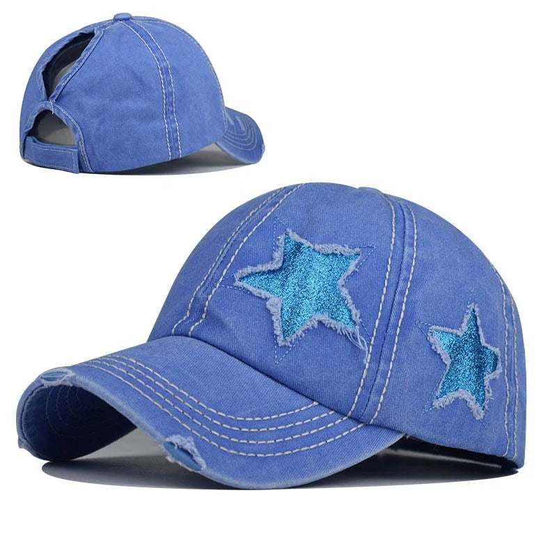 2023 New Pigment Dyed Heavy Washed with Sparkle Star Patches Messy High Bun Ponytail Vintage Baseball Cap