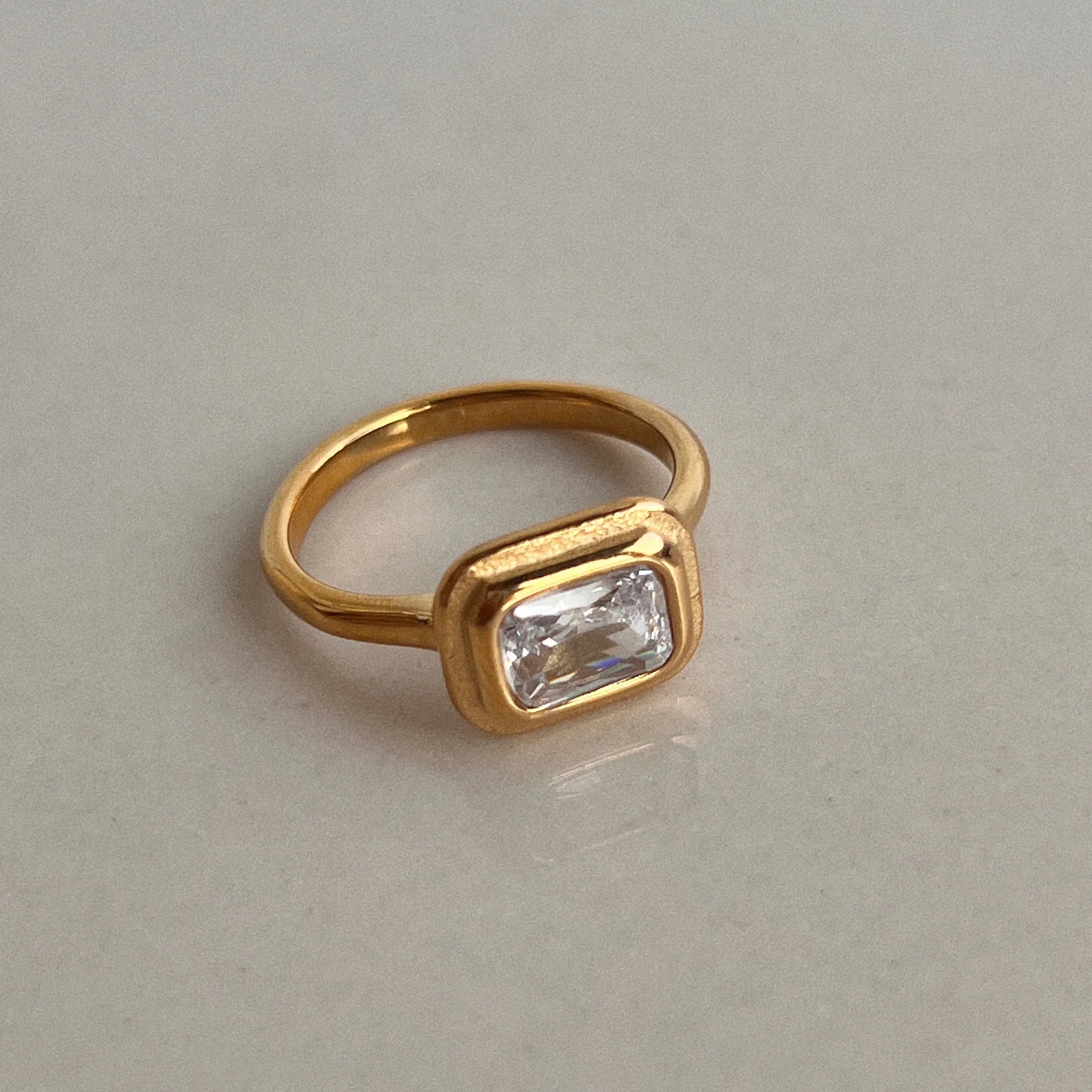 2024 Dazan New Ins 18k Gold Plated Tarnish Free Stainless Steel White Square Zircon Vintage Style Ring Inoxidable for Women