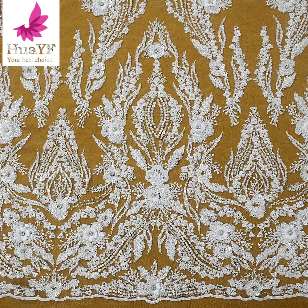 HY2670 Hot Selling French Beauty Wedding Dress Fabric Bridal Pure White Beads Crystal Lace Fabric 3D Floral Sequins Mesh