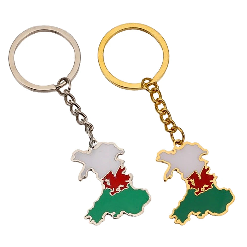 Manufacturer Enameled Wales Flag Charm Keychain Stainless Steel 18K Gold Plated Enamel Team Wales Map Pendant Key Chain