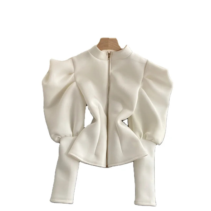 Spring Autumn New Temperament Stand-up Collar Shirt New Autumn and Winter Slim Long-sleeve Puff Sleeve Top Fashion Shirt Women's