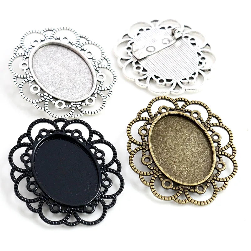 18x25mm Inner Size Brooch Blank Bezel Trays Antique Silver Plated Bronze Vintage Flower Cameo Cabochon Base Setting