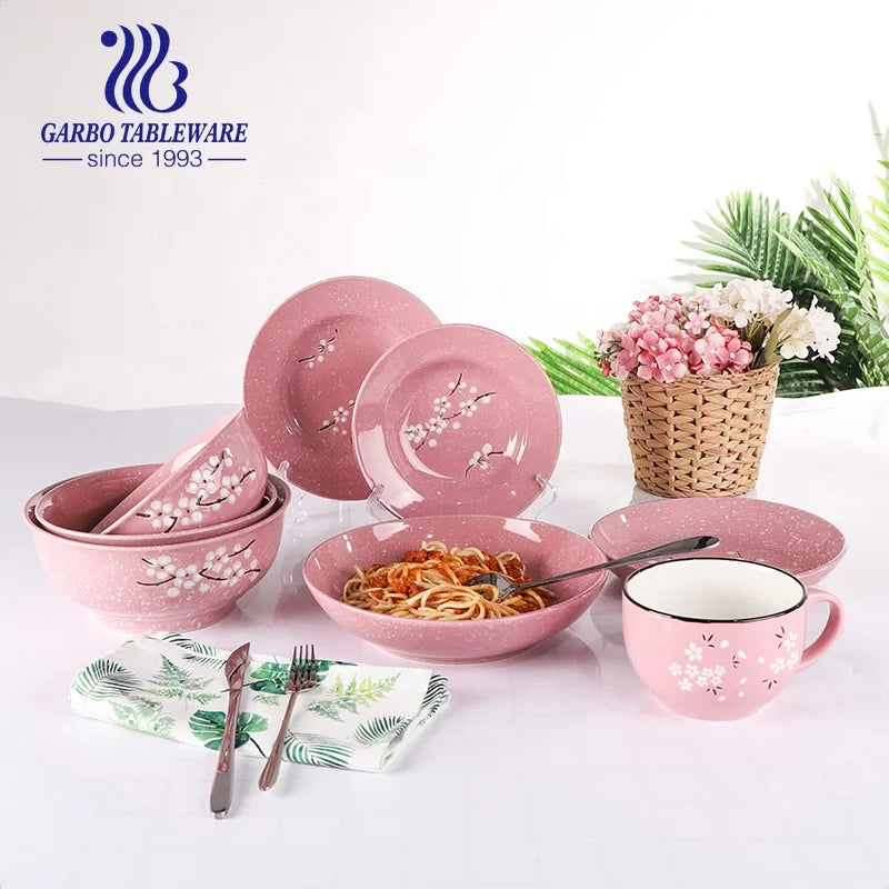 Premium Eco-Friendly Porcelain Mug Plate Bowl Dinner Set with Pink Glaze Solid Pattern Food Contact Safe Classic Luxury