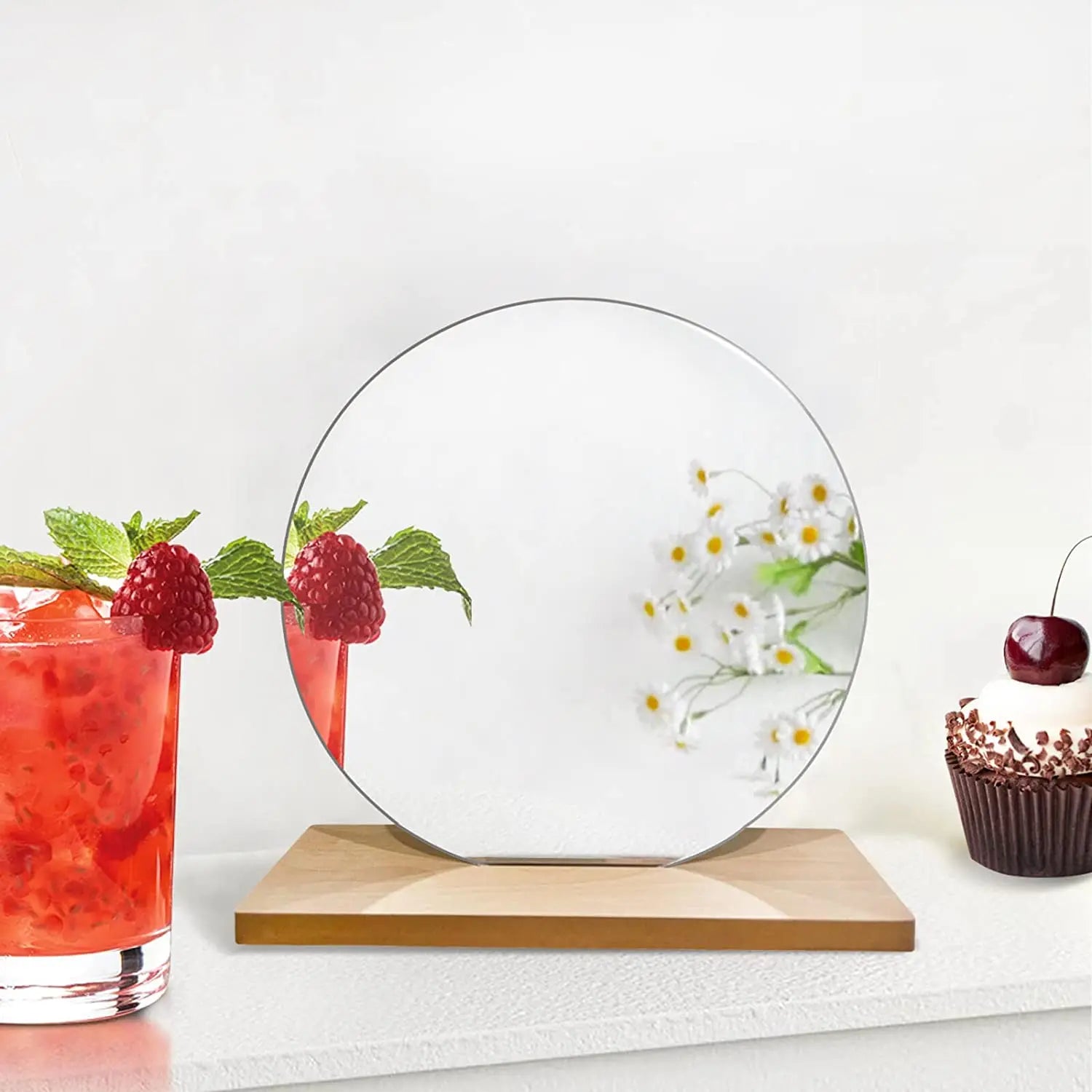 Acrylic Makeup Mirror for Desk with Stand Small Mirror with Wooden Stand for Office Table Round Vanity Mirror Frameless