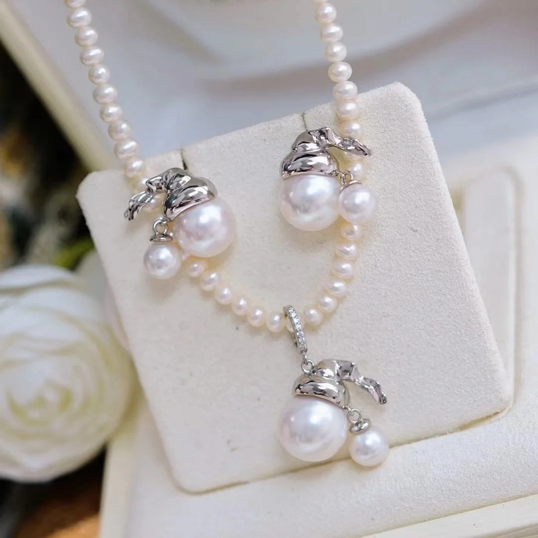 JW126 10-11mm DIY Natural Real Freshwater Pearl Set Charm Accessories 925 Sterling Silver Gold Plated Jewelry Set for Women