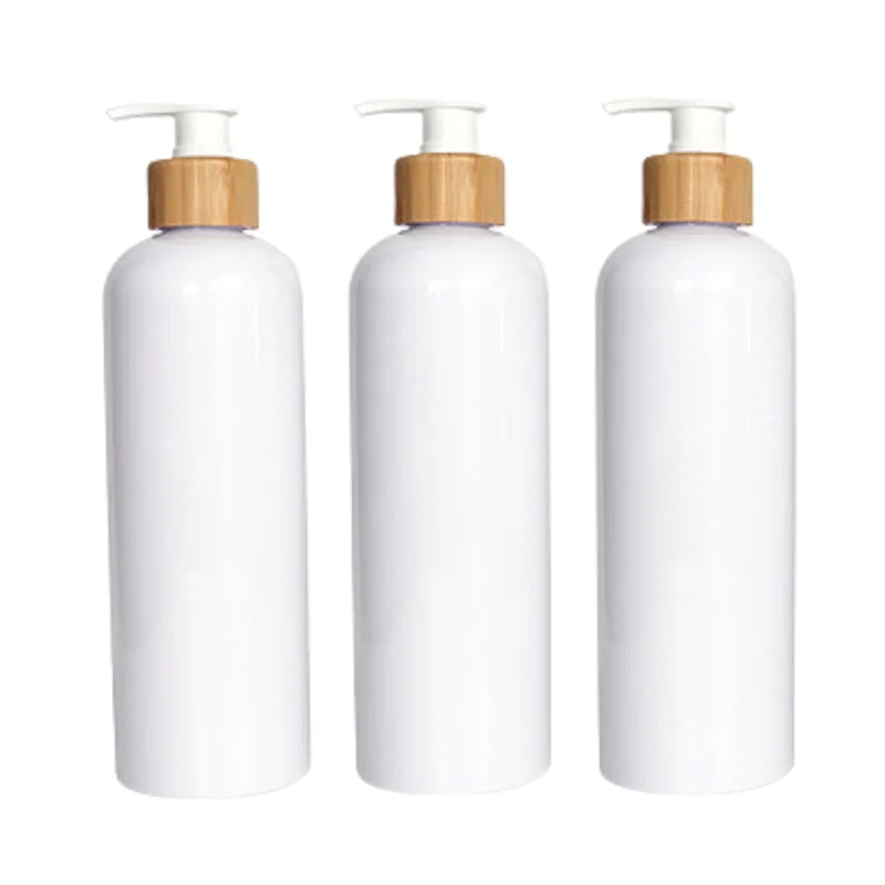 PET Plastic White Bottle Bamboo Wood Pump Round Shoulder 500ML 17oz Empty Cosmetics Lotion Bath Soap Shampoo Packaging Container