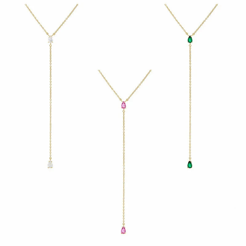Simple 925 Sterling Silver Double Drop-Shaped Colourful Zircon Tassels Pendant Necklace for Women