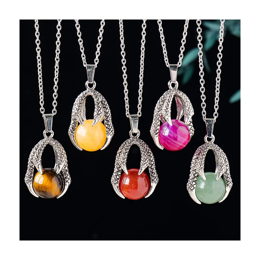 Natural Tiger Eye Aventurine Stone Ball Pendant Necklace Silver Plated Dragon Claw Gemstone Sphere Charm Necklace for Women Mens