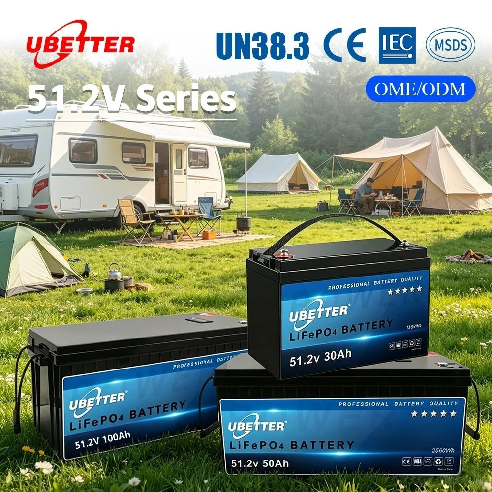Ubetter EU Stock 48V 51.2V LiFePO4 Battery Pack 30/50/100AH CE Certified 2500-4000 Cycles Replacement for Lead-acid Fishing RV