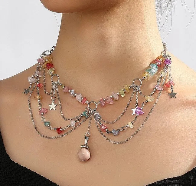 Zooying Sweet Natural Stone Beaded Five-pointed Star Fringe Agate Pendant Necklace for Women