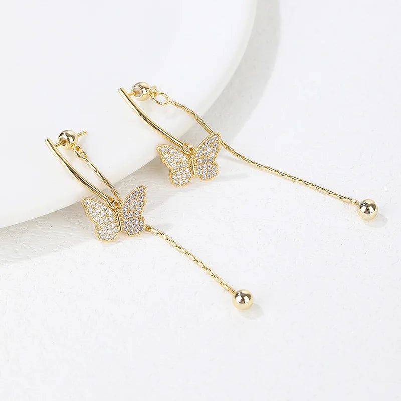 Zircon Butterfly Long Tassel Dangle Stud Earrings for Women 14K Gold Plated Cute Style Brass Earring Wire for Parties
