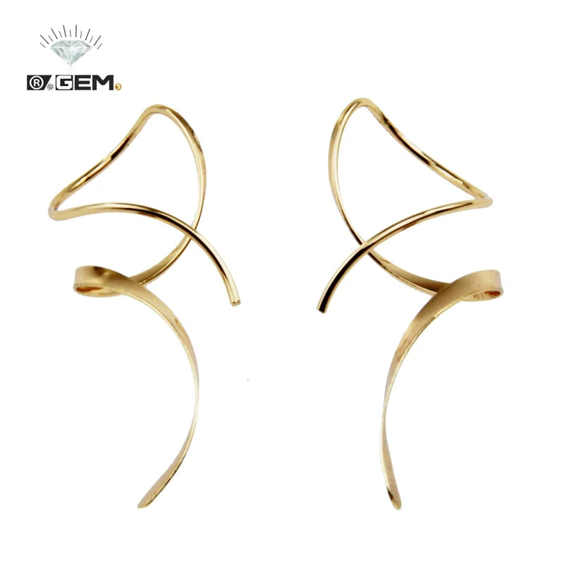 R.Gem. Hot Selling 14K Gold Plated Stainless Steel Spiral Threader Earrings Hand Bent Dangle Wavy Earrings for Women