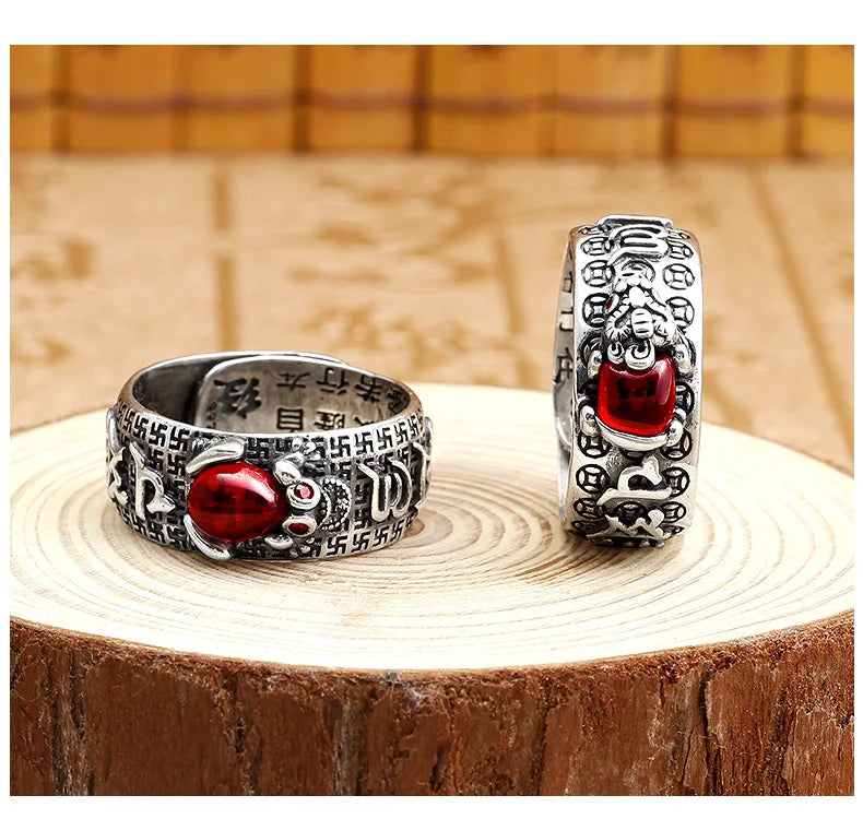 Wealth Lucky Original Design Open Scripture Golden Cicada Retro Pi Xiu Silver Ring