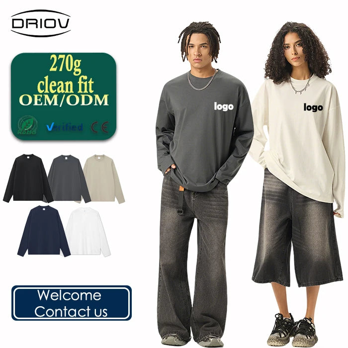 32S Double Yarn Knitted Clean Fit 270G Heavyweight 100% Cotton Eco-Friendly Long Sleeve T-Shirt Men Wholesale Custom Logo