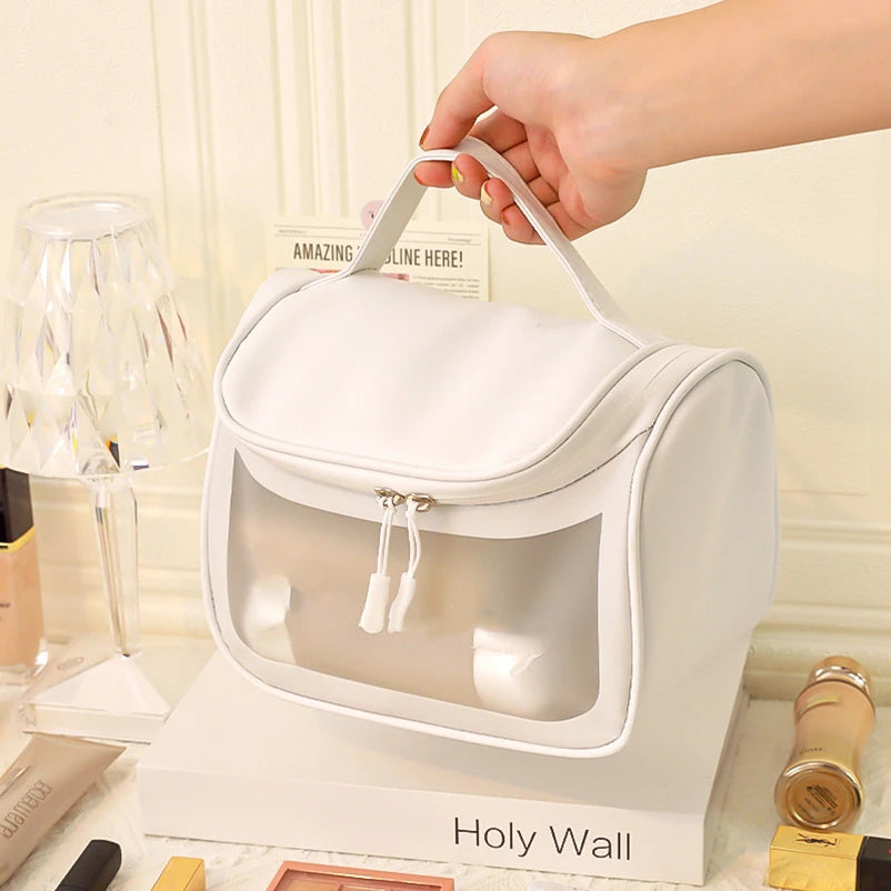 Fashionable Waterproof Women's Cosmetic Bag Handle Transparent Travel Storage Zipper Closure Letter Pattern PU+PVC Material
