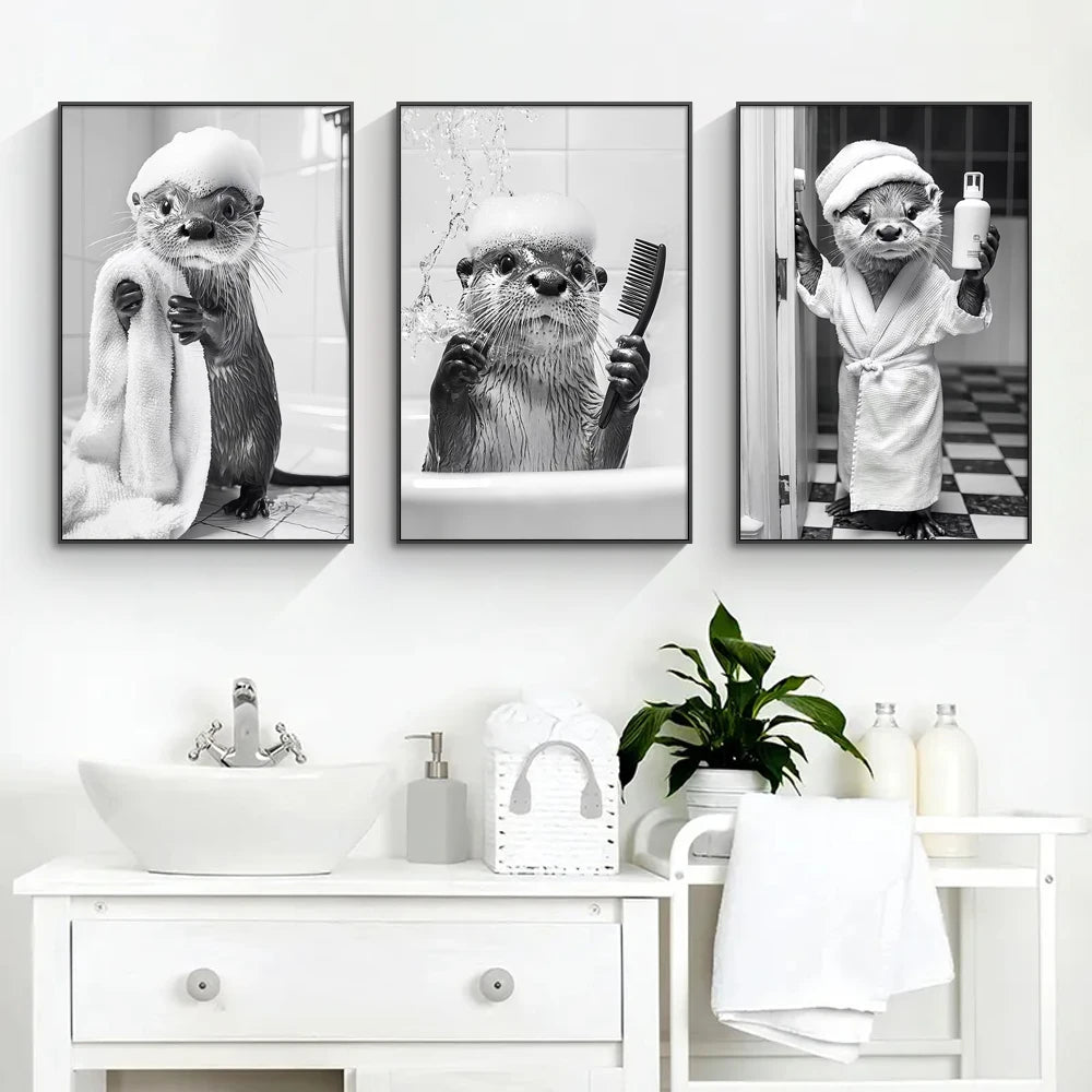 High-quality Black Canvas Posters Wall Paintings Bath Otter Canvas Paintings Bathroom Decorative Wall Art and Animal Paintings
