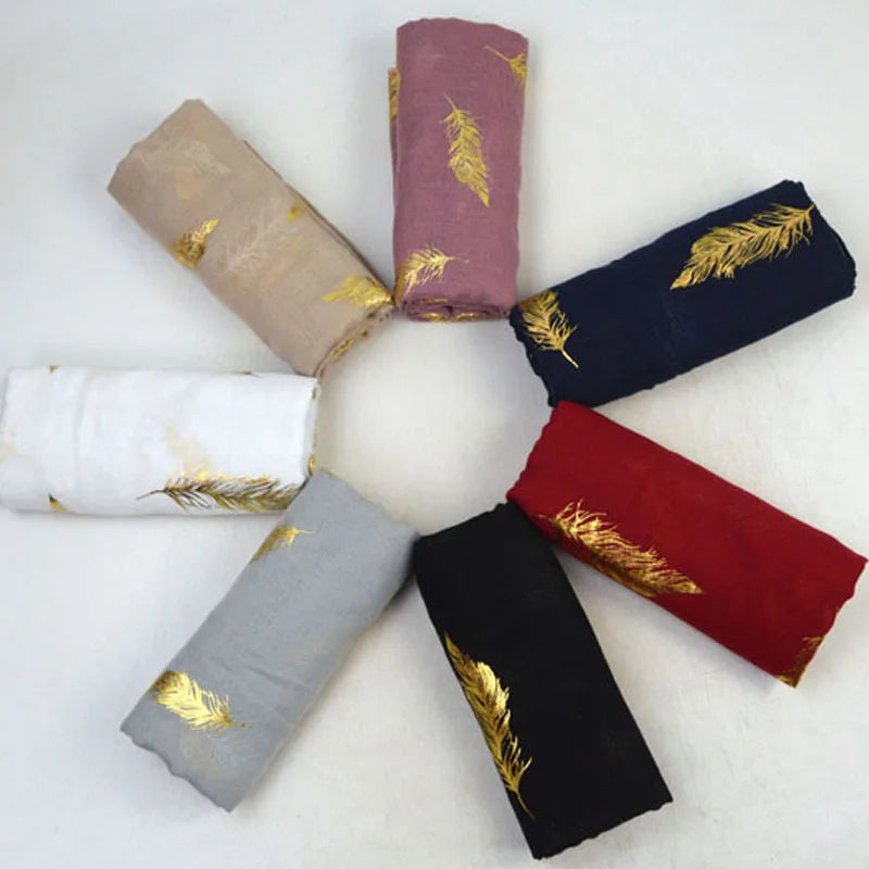 CCY Trendy Gold Feather Gilded Chiffon Linen Scarfs Muslim Women's Hijabs Fashionable Warm Shawl Gauze Scarf Head Wraps Scarves