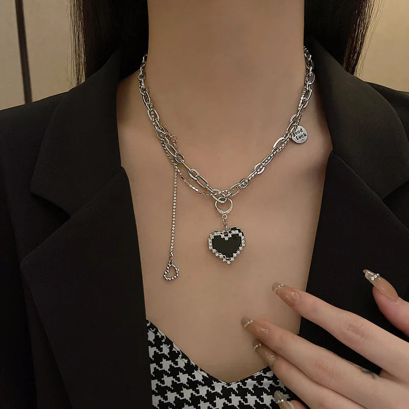 Hip-hop Punk Necklace Superior Quality Inlaid Zircon Black Peach Heart Pendant Jewelry Stainless Steel Necklace