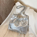 Pleated Design Women's Silver Shoulder Bag Sweet Bow Tie Ladies Crossbody Bags Y2k Cool Girls Underarm Bag Party Purse Handbags