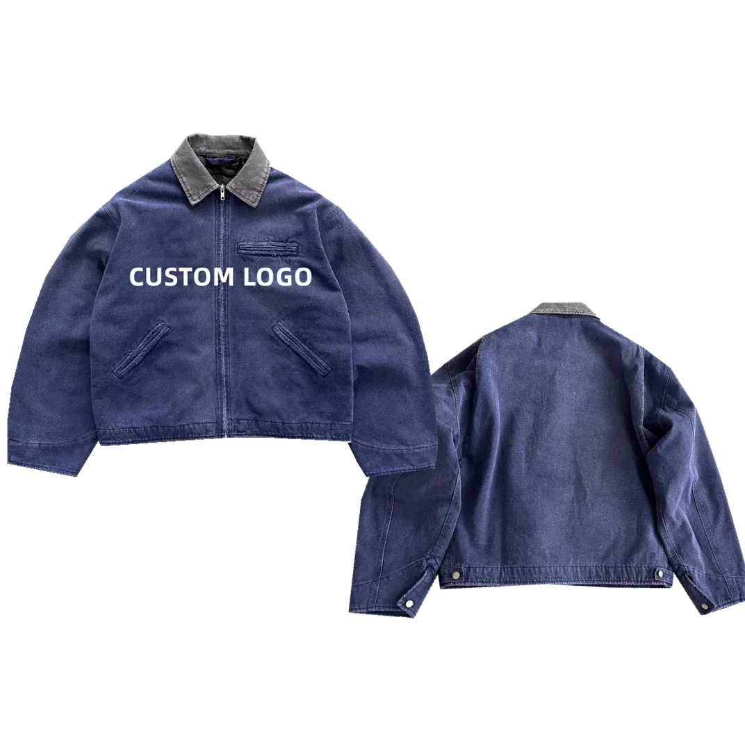 Custom Design Winter Style Quilted Lining Unisex Oversize Cropped Work Jacket Vintage Wash Distressed Duck Fabric Zipper Coat