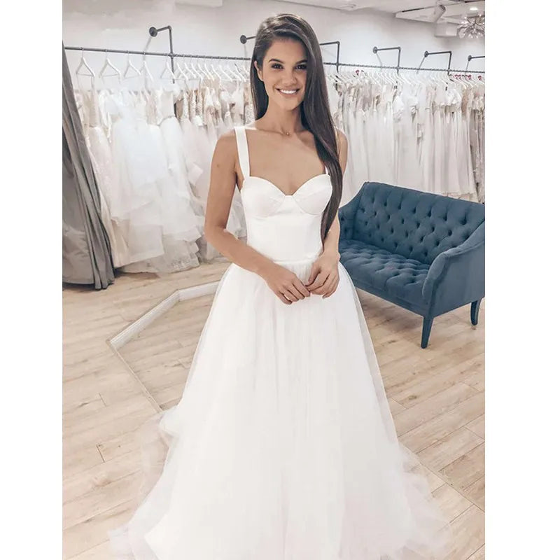 Vintage Elegant a Line Spandex Sleeveless Wedding Dress Lace up Back Sweetheart Pleating Tulle Bridal Gowns Vestido De Novia