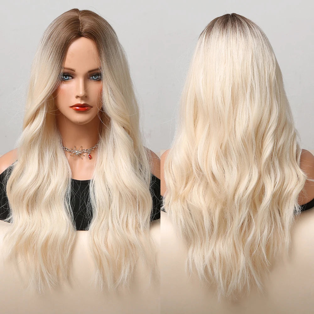Factory Direct Sales Ombre Brown to Blonde Platinum Wig Long Natural Wavy Hair Frontal Wig for Black Women