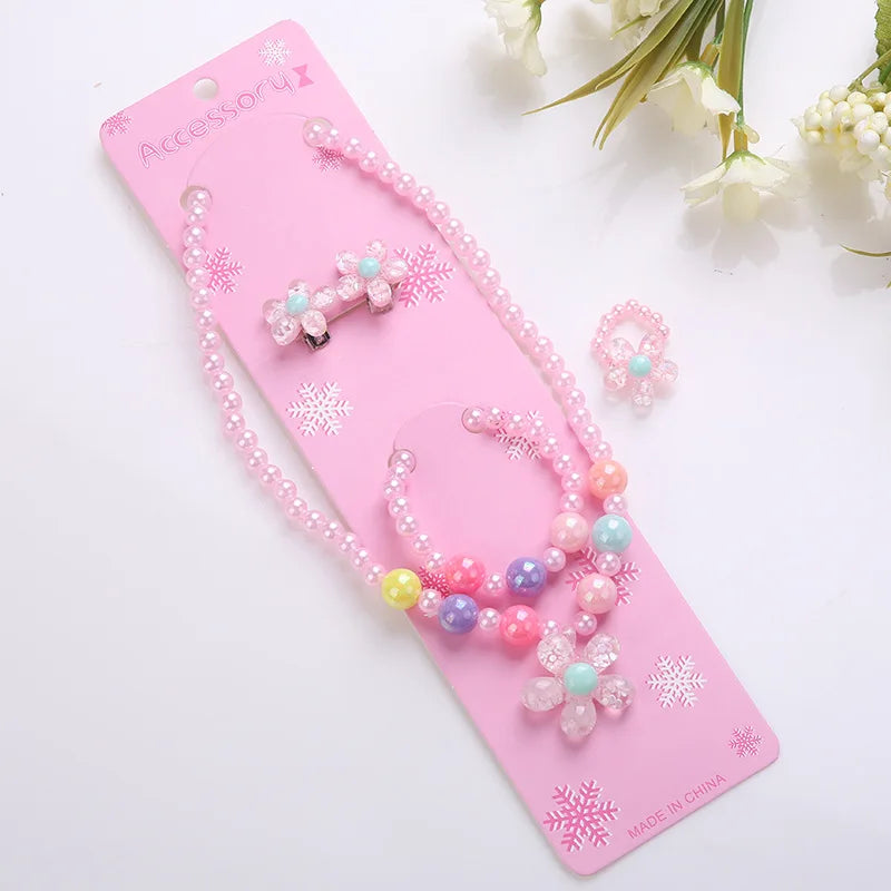 Wholesale pink Plastic Pearl Beads Toddler Kids Jewelry Little Girls Christmas Beads Cherry butterfly Pendant Jewelry Sets for