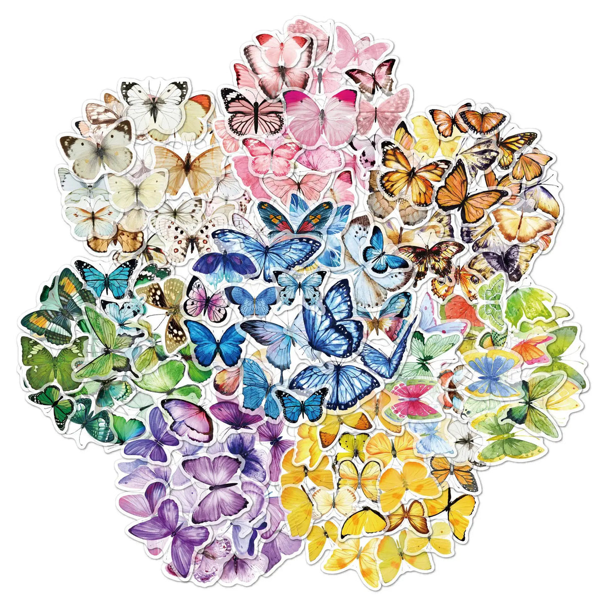 Environmental Friendly Butterfly Hand Account Adhesive Stickers 50pcs Full Color PET Transparent Waterproof DIY Stickers