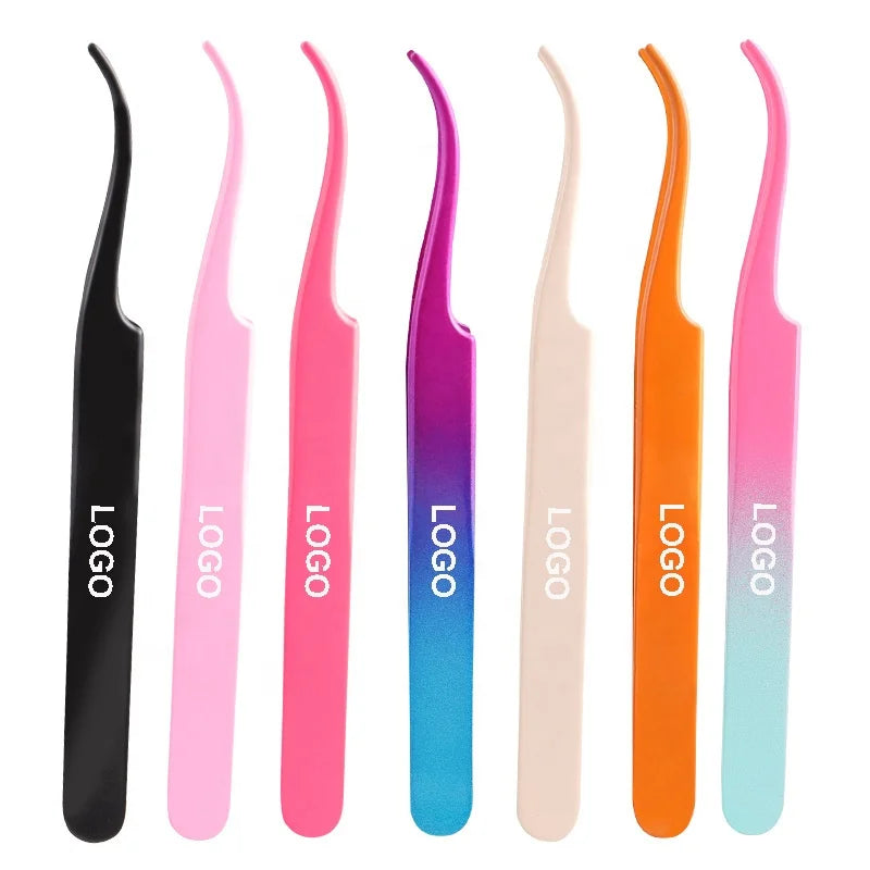 Gradient Colours Lash Extensions Tweezers Gold Rounded Tip 45 Degree Pink Eyelashes Tweezers Stainless Steel Custom Lash Tweezer
