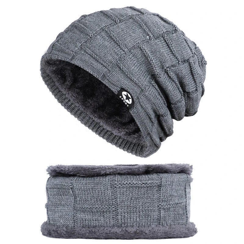 Hot Sale 2pcs Men Knitted Ski Cap and Windproof Scarf Korean Fashion Simple Beanie Winter Warm Wool Hat MegaBDM