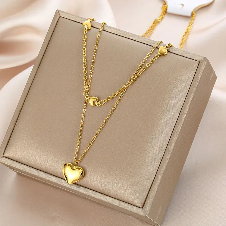 SC Classic All-match Heart Charms Stainless Steel Necklace Fashion 18K Gold Plated Double Layer Heart Necklace for Women
