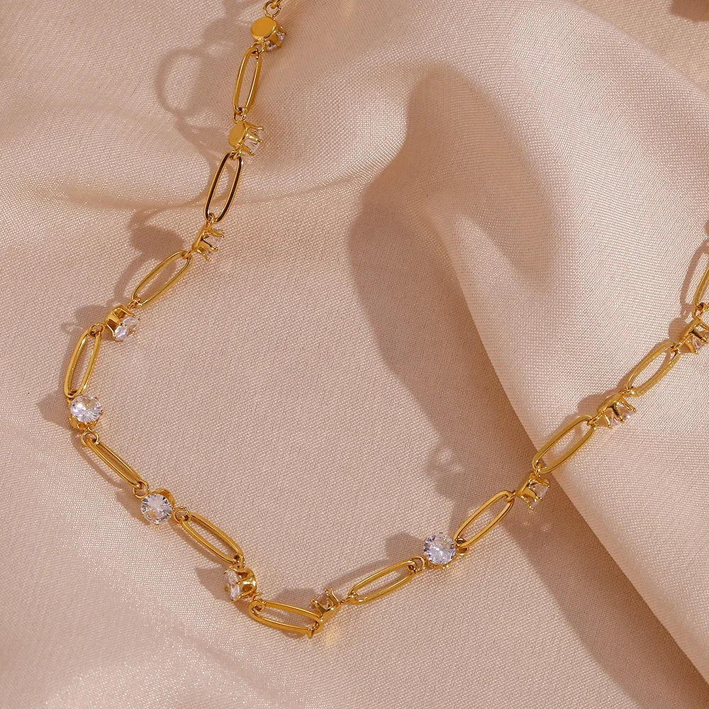 Dreamshow Fashion AAA Crystal Zircon Paper Clip Chain Necklace Gold Plated Stainless Steel Choker
