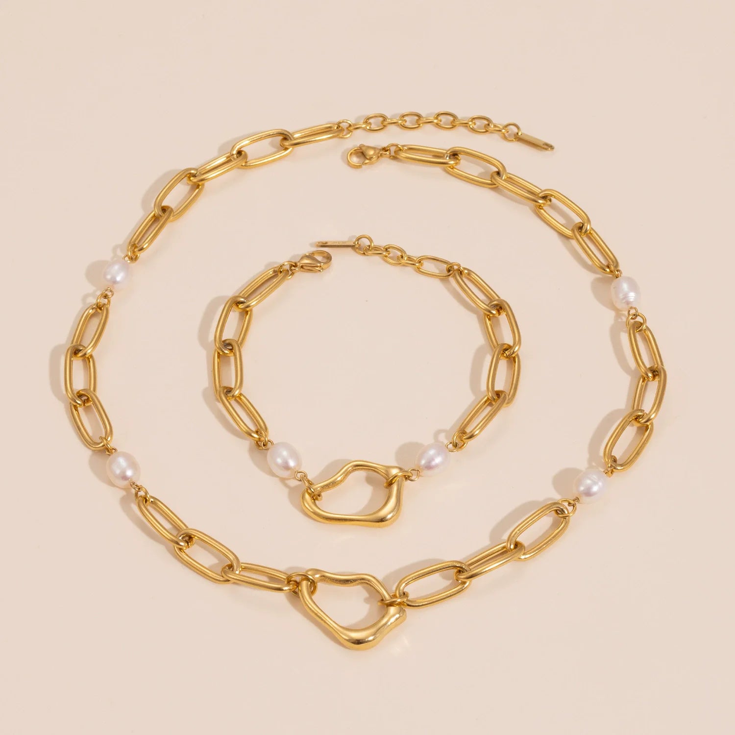 ERESI Luxury 18k PVD Gold Stainless Steel Adjustable Bracelets Freshwater Pearl Irregular Pendant Necklace Bracelets Jewelry Set