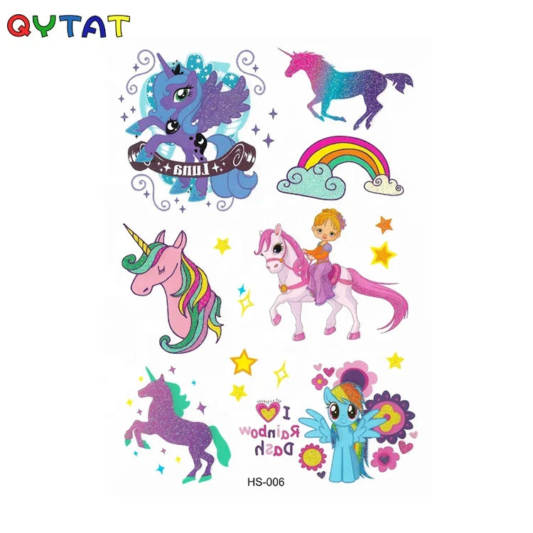 Custom Non Toxic Water Transfer Shining Unicorn Designs Glitter Temporary Tatoo Stickers Boy Girls Kid Body Tattoo