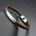 Jewelry Wholesale Genuine Black Brown Leather CZ Setting Stainless Steel Tube Cuff Bangle Adjustable Bracelet for Men