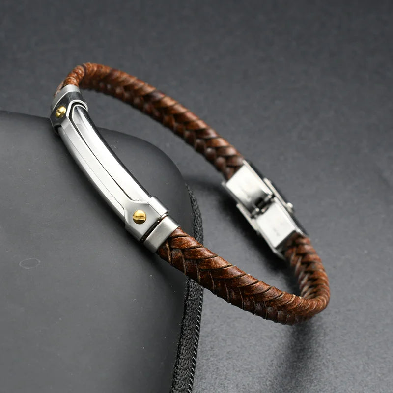 Jewelry Wholesale Genuine Black Brown Leather CZ Setting Stainless Steel Tube Cuff Bangle Adjustable Bracelet for Men