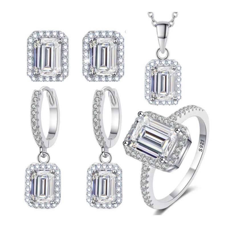 GRA Certified 1CT Emerald Radiant Cut Moissanite Diamond Ring Earring Jewelry Set Wedding 925 Sterling Silver Women Fine Jewelry