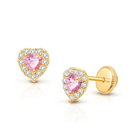 Classic 18K Gold Plated Heart Shaped Pink & White CZ Stud Earring 925 Sterling Silver Screw Back Safely Fine Jewelry