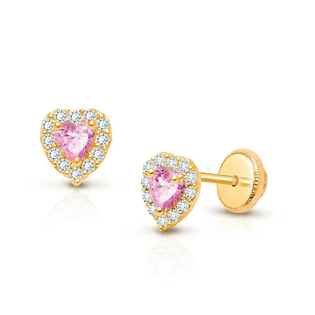 Classic 18K Gold Plated Heart Shaped Pink & White CZ Stud Earring 925 Sterling Silver Screw Back Safely Fine Jewelry