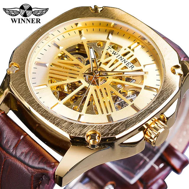 T-WINNER Men's Automatic Skeleton Leather Wristwatch Simple Business Mechanical Clock 22mm Band Width Pointer Dial Dropshipping