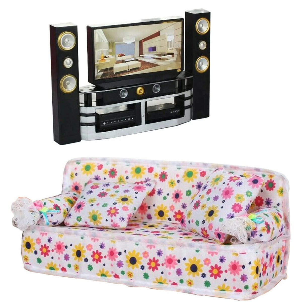 Miniature Doll House Cloth Sofa Couch Furniture Hi-Fi TV Theater for Living Room Bedroom Toy