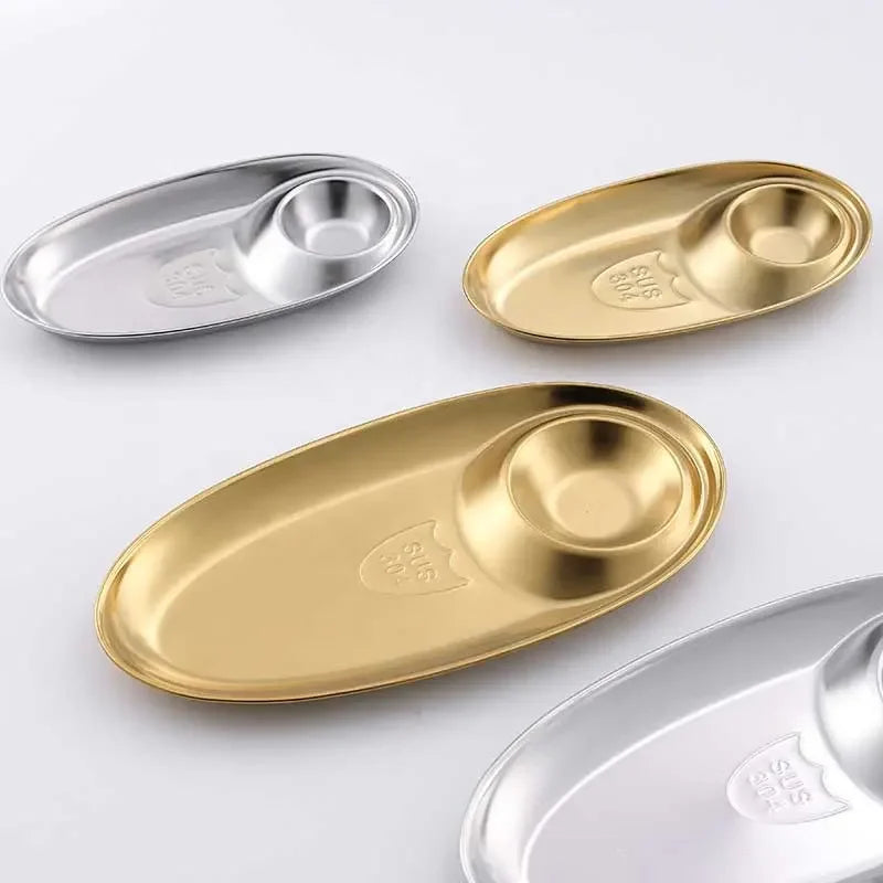304 Stainless Steel Oval Korean Design Party Restaurant French Fries Sauce Plate Compartment Dipping Tray Seasoning Grid