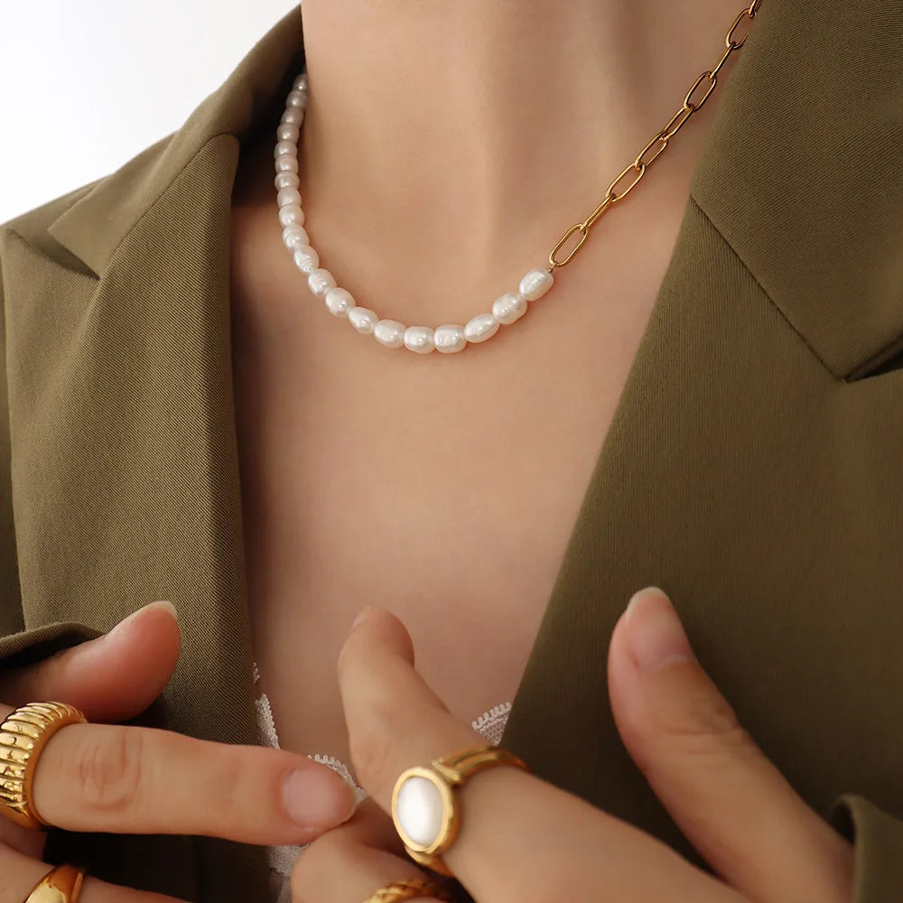 18K Gold Plated Stainless Steel Half Paperclip Chain Half Freshwater Pearl Natural Freshwater Pearl Necklace Tarnish Free