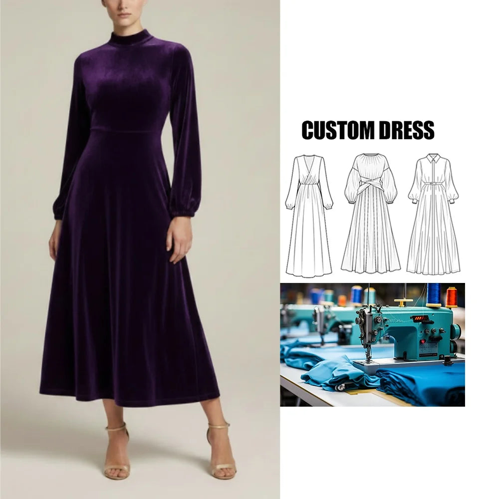 Clothing Manufacturers Large Size Gold Velvet Round Neck Long Sleeve Custom Woman Birthday Party Dress Manufacturer